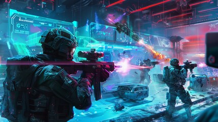 A group of soldiers are in a futuristic setting, with one of them holding a gun