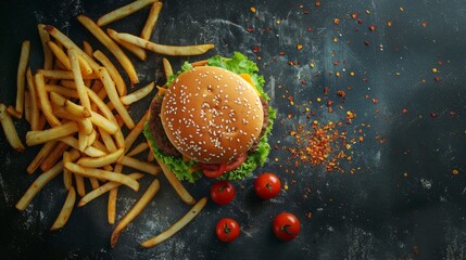 Gastronomic Symphony: Hamburger and French Fries Dance on Noir Canvas