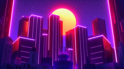 A city skyline with neon lights and a bright orange sun, AI