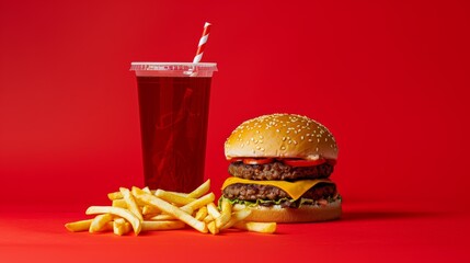 Juicy Burger Delight Amidst a Vibrant Red Canvas
