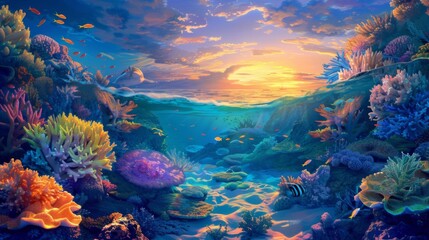 Fototapeta na wymiar Coral reef twilight: The warm glow of sunset bathes a vibrant coral reef in golden light, casting long shadows across the ocean floor.