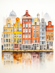 Minimal watercolour of Amsterdam, facades front view, tranquil surfaces - 790355069