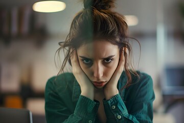 Junge traurige Frau im Büro, melancholisch, Konzept Depression, Burnout