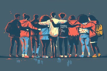 Youth Day illustration. Best friends concept illustration. Happy friendship day cartoon poster. Group of hugging friends illustration. Youth friendship illustration - obrazy, fototapety, plakaty