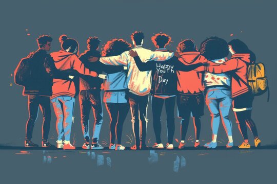 Youth Day illustration. Best friends concept illustration. Happy friendship day cartoon poster. Group of hugging friends illustration. Youth friendship illustration