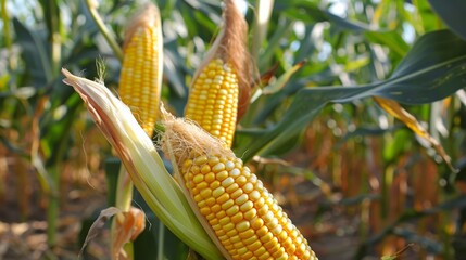 Corn cobs in corn plantation field.