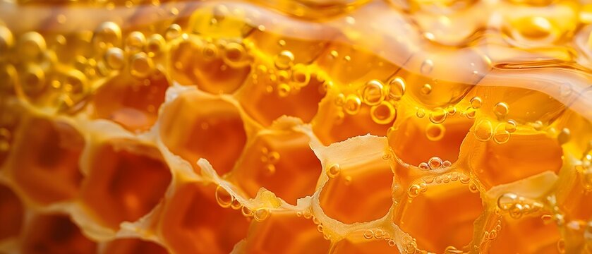 Nahaufnahme Honigwarben, goldener Honig flie&szlig;t &uuml;ber Honigwarben, Nektar aus Bl&uuml;tenstaub