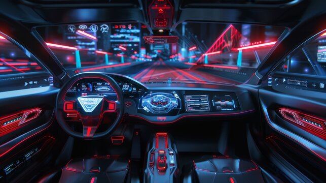 A futuristic car with a dashboard that is lit up in red
