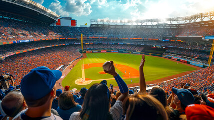 Crowd of people at baseball game in stadium with their hands in the air. - Powered by Adobe