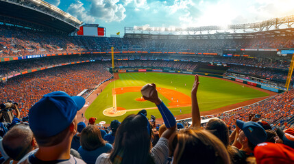 Crowd of people at baseball game in stadium with their hands in the air.