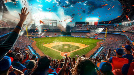 Crowd of people at baseball game with confetti thrown in the air.