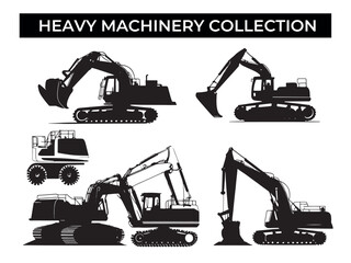 Set of Heavy Machinery Silhouettes on White Background