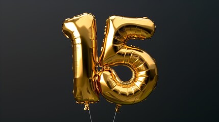 Golden foil balloon number 15 text on dark background. Dark birthday decoration