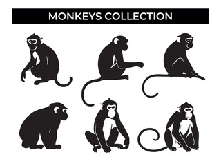 Set of Monkeys Silhouettes on White Background