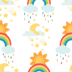 Seamless pattern of weather rainbow sun moon and clouds vector illustration on white background