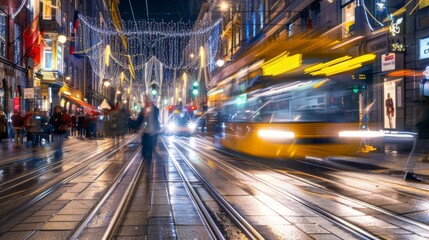 Helsinki, Finland. Tram Departs In Motion Blur From Stop On Aleksanterinkatu Street In Kluuvi District In Evening Night Christmas Xmas New Year Festive Illumination.