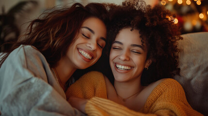 Cozy moment with two women smiling, Christmas lights in background. Ideal for themes of friendship, holidays, and relaxation in home settings.