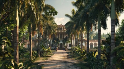 A sprawling plantation house framed by rows of towering palm trees, its whitewashed walls gleaming...