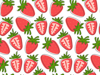 Abstract Strawberries slice seamless pattern. Simple Drawing illustration. Doodle summer delicious berry. Sweet dessert fruit vitamin. Background for wallpaper, cover, packaging, card, poster