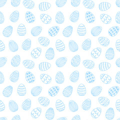 Seamless pattern of blue Easter eggs with hand-drawn details. Continuous one line drawing. Isolated on white background. Festive design. For Easter decoration, wrapping paper, greeting, textile, print