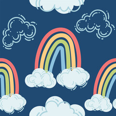 Seamless pattern of colored rainbows with cloud vector illustration on blue background