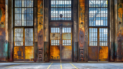 An impressive array of tall metal factory doors, adorned with glass panels, stand weathered by time, their rusty patina telling stories of industrial days gone by, now illuminated by natural light. - obrazy, fototapety, plakaty