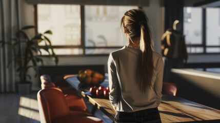 girl standing with her back near a table with a plate of fruit in a modern interior. - obrazy, fototapety, plakaty
