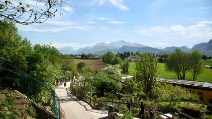 Blick über den Zoo von Salzburg bei Hellbrunn auf das Bergpanorama bei Sonnenschein