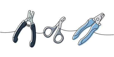Pet supplies set. Scissors for pets grooming, pet nail clippers continuous one line illustration. Vector linear illustration.