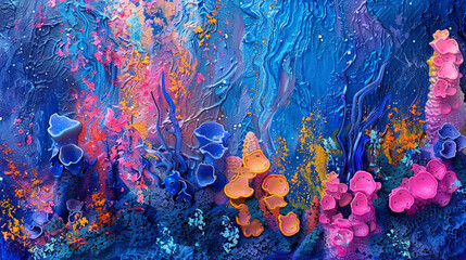 A whimsical underwater coral reef texture marine abstract art from a vibrant original painting for abstract background in coral blue color detailed Undersea wonderland. 