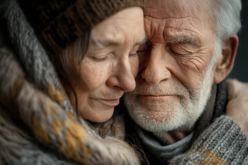 Elderly couple sharing a tender moment, expressing enduring love and companionship. Ideal for themes of aging, care, and affection in senior life.