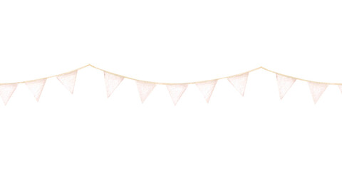 Watercolor seamless border with a garland of white flags isolated on a white background. Festive banner with cream-colored flags. Design and design of adhesive tape, ribbons, scrapbooking