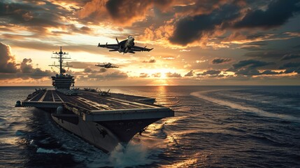 A large Navy ship is sailing in the ocean with a sunset in the background