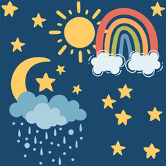 Seamless pattern of weather rainbow sun moon and clouds vector illustration on blue background