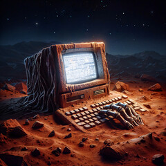 old computer with a glowing screen, lost in the desert - 790357667