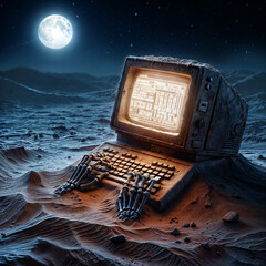 old computer with a glowing screen, lost in the desert - 790357669