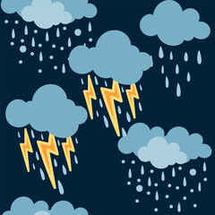 Seamless pattern of rain and snowy clouds with thunder vector illustration on dark background