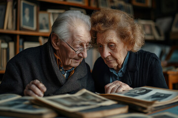 Elderly couple reflecting on memories with a photo album, evokes nostalgia and family history. Ideal for editorial content, historical articles, and senior living promotions.