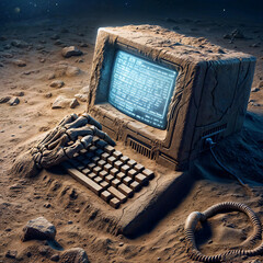 old computer with a glowing screen, lost in the desert - 790357691