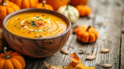 A bowl of soup with a spoon surrounded by pumpkins
