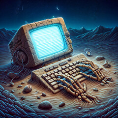 old computer with a glowing screen, lost in the desert - 790357695