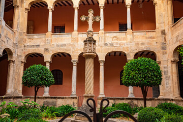 Cloister of Orihuela Cathedral, Alicante, Valencian Community, Spain, with detail of a column with a cross on top