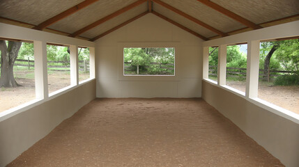 Inside a spacious and empty stable, the open windows frame tranquil views of the surrounding nature, offering a serene and peaceful setting for the equine residents.