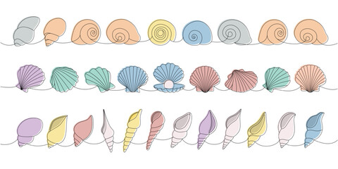 Underwater shells set. Sea shells, mollusks, scallop, pearls. Tropical underwater shells continuous one line illustration.