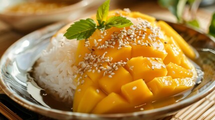 Mango sticky rice: A delectable dessert of sweet mango slices served with sticky rice, drizzled with coconut milk and sesame seeds. - obrazy, fototapety, plakaty