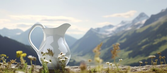 white antique porcelain teapot isolated in a garden on a beautiful mountain slope