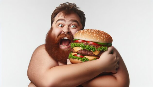 Funny fat man with a red beard eats a hamburger sandwich on a white background. Quick, high-calorie takeaway food. Appetizing protein-carbohydrate product
