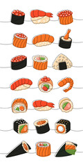 Sushi rolls set. Japanese traditional food one line drawing. Ikura sushi, tobiko maki, philadelphia roll, onigiri, shrimp nigiri, tekkamaki tuna roll - 790358251