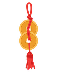 Chinese asian tradition luck knot with golden coins vector illustration isolated on white background