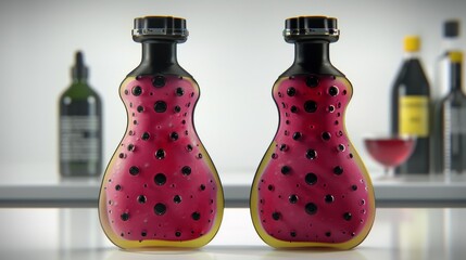 Two bottles of wine with watermelon designs on them sitting next to a bottle, AI